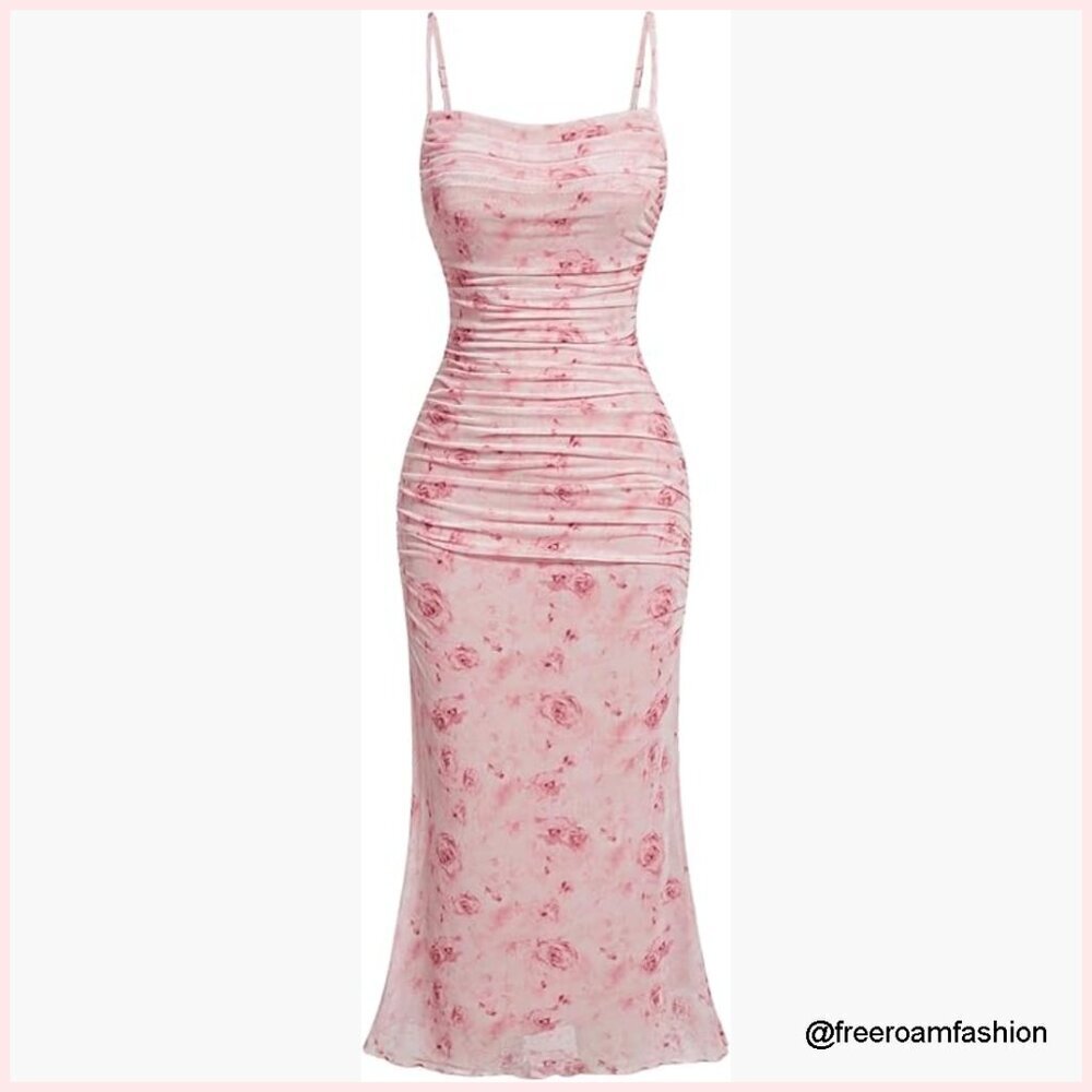 Floral Bodycon Midi Dress Spaghetti Strap Summer Wedding Guest Cocktail